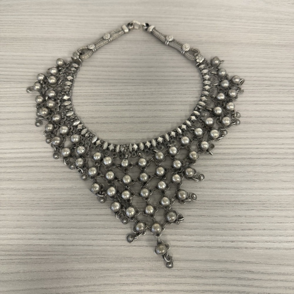 Vintage Rajasthani Indian Sterling Silver Metal Bib Choker Necklace Signed RA